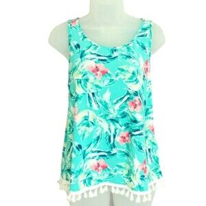 Pappagallo Tropical Print Top Size S Sleeveless Tassel Fringe Stretchy